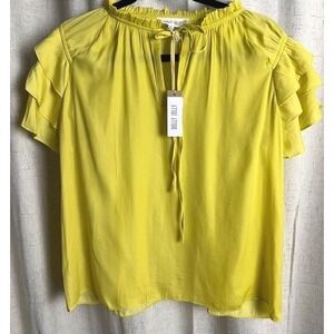 Dolly Jolly Chartreuse Ruffle Sleeve Tie Neck Blouse Size Small NWT